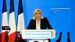 French far-right party Rassemblement National (RN) presidential candidate Marine Le Pen delivers a speech after the announcement of the first projections by polling firms of the French presidential election's second round results.