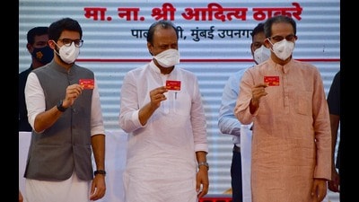 Maharashtra CM Uddhav Thackeray, Deputy CM Ajit Pawar, Tourism and Environment Minister Aaditya Thackeray at the launch of National Common Mobility Card (NCMC) at BEST's Colaba Depot on Monday (Bhushan Koyande/HT Photo) Maharashtra CM Uddhav Thackeray, Deputy CM Ajit Pawar, Tourism and Environment Minister Aaditya Thackeray at the launch of National Common Mobility Card (NCMC) at BEST's Colaba Depot on Monday (Bhushan Koyande/HT Photo)