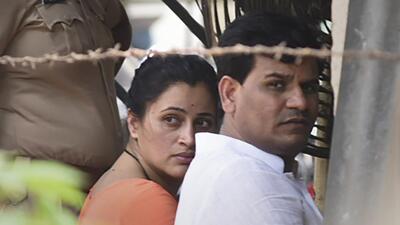 MP Navneet Rana at Santacruz Station, after she along with her husband Ravi Rana were arrested for promoting enmity between different groups on Saturday. (PTI) MP Navneet Rana at Santacruz Station, after she along with her husband Ravi Rana were arrested for promoting enmity between different groups on Saturday. (PTI)