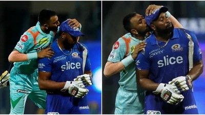 Krunal Pandya and Kieron Pollard during the IPL 2022 game between LSG and MI (IPLt20.com) Krunal Pandya and Kieron Pollard during the IPL 2022 game between LSG and MI (IPLt20.com)