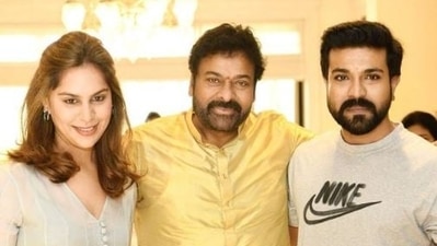 Chiranjeevi with his son Ram Charan and daughter-in-law Upasana Kamineni. Chiranjeevi with his son Ram Charan and daughter-in-law Upasana Kamineni.