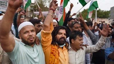 Clashes broke out between the two communities during a Hanuman Jayanti procession in Jahangirpuri, in which eight police personnel and a local resident were injured. (PTI) Clashes broke out between the two communities during a Hanuman Jayanti procession in Jahangirpuri, in which eight police personnel and a local resident were injured. (PTI)
