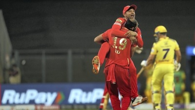 Mayank Agarwal hugs Rishi Dhawan after the wicket of MS Dhoni falls in the last over the match. (PTI) Mayank Agarwal hugs Rishi Dhawan after the wicket of MS Dhoni falls in the last over the match. (PTI)