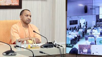 Uttar Pradesh chief minister Yogi Adityanath participating virtually in a Niti Aayog workshop. (HT PHOTO)