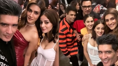Karan Johar, Kriti Sanon, Ananya Panday, Sara Ali Khan, Dinesh Vijan and Manish Malhotra at a party on Sunday. Karan Johar, Kriti Sanon, Ananya Panday, Sara Ali Khan, Dinesh Vijan and Manish Malhotra at a party on Sunday. 