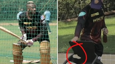 KKR all-rounder Andre Russell breaks chair while training (IPL) KKR all-rounder Andre Russell breaks chair while training (IPL)