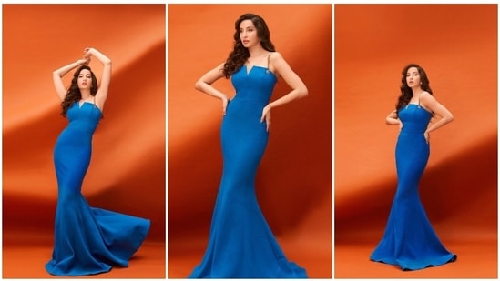 Nora Fatehi has a keen eye for fashion and her Instagram handle says it all. In another Instagram post, the ace dancer was seen giving elegant poses in a blue body-hugging dress.(Instagram/@manekaharisinghani)