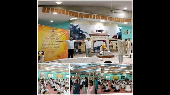 People participating in the International Yoga Day-2022 countdown programme in Varanasi on Monday. (HT PHOTO)