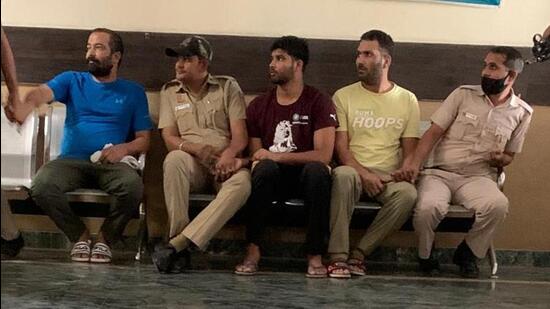 The three sharpshooters were arrested by Delhi Police on March 29 and brought to Mohali on production warrant on Monday. (HT Photo)