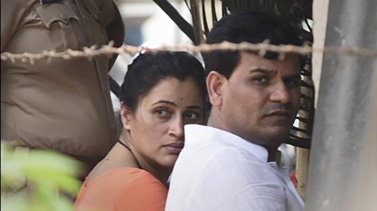 MP Navneet Rana at Santacruz Station, after she along with her husband Ravi Rana were arrested for promoting enmity between different groups on Saturday. (PTI)