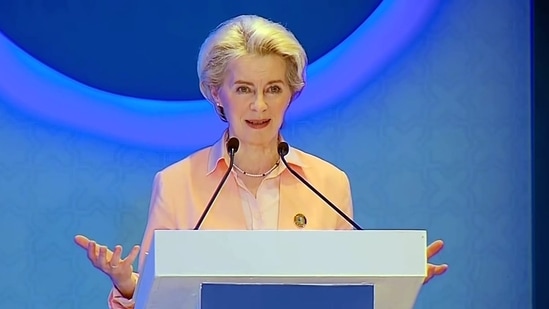 European Commission President Ursula von der Leyen addressing at the inaugural session of Raisina Dialogue 2022, in New Delhi on April 25, 2022(ANI)