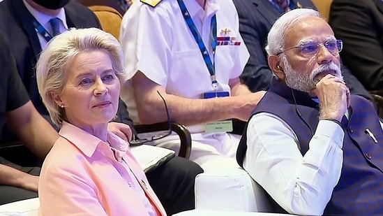 European Commission President Ursula von der Leyen with Prime Minister Narendra Modi at the inaugural session of Raisina Dialogue 2022, in New Delhi on April 25, 2022.&nbsp;(ANI)