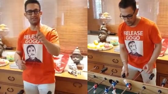 Aamir Khan playing foosball in a new video.