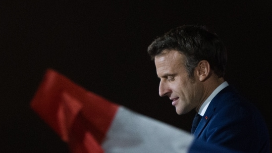 Emmanuel Macron, France's president, speaks to supporters following the second round of voting in the French presidential election in Paris, France, on Sunday, Bloomberg(Bloomberg)