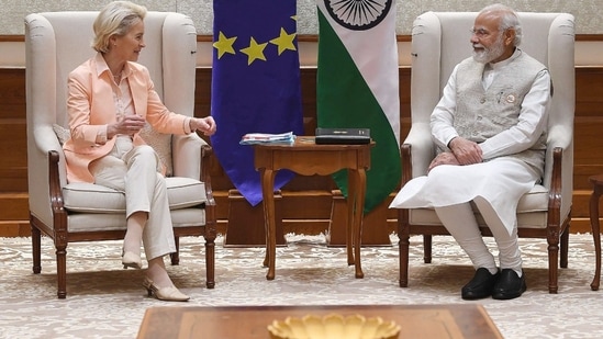 The agreement on launching the council was reached at a meeting between Prime Minister Narendra Modi and European Commission President Ursula von der Leyen. (photo tweeted by MEA)&nbsp;(Twitter)