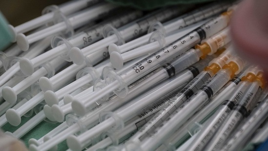 Doses of Moderna Covid-19 vaccine shots at a vaccination facility set up at Taipei Main Station in Taipei, Taiwan.