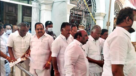 AIADMK members walk out of the assembly, protesting the Bills. (ANI)