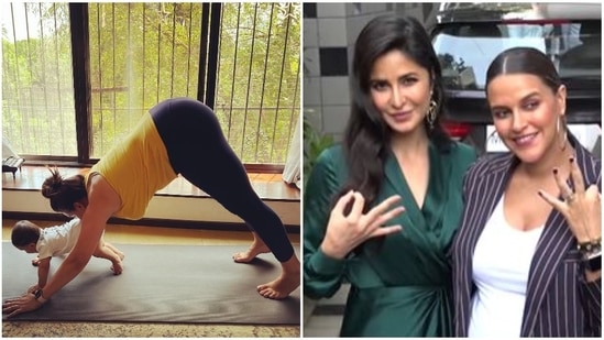 Katrina Kaif Yoga Pants Xxx - Katrina Kaif showers love as Neha Dhupia does yoga with her son Guriq. See  pics | Bollywood - Hindustan Times