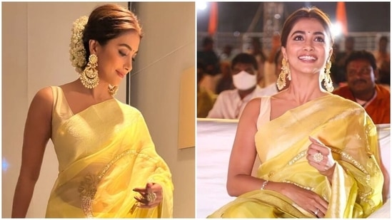 Pooja Hegde in beauteous saree and sleeveless blouse steals the show at Acharya pre-release event: See pics, video(Instagram/@thehegdepooja)