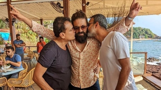 Yash with KGF 2 producer Vijay Kiragandur and director Prashanth Neel. 