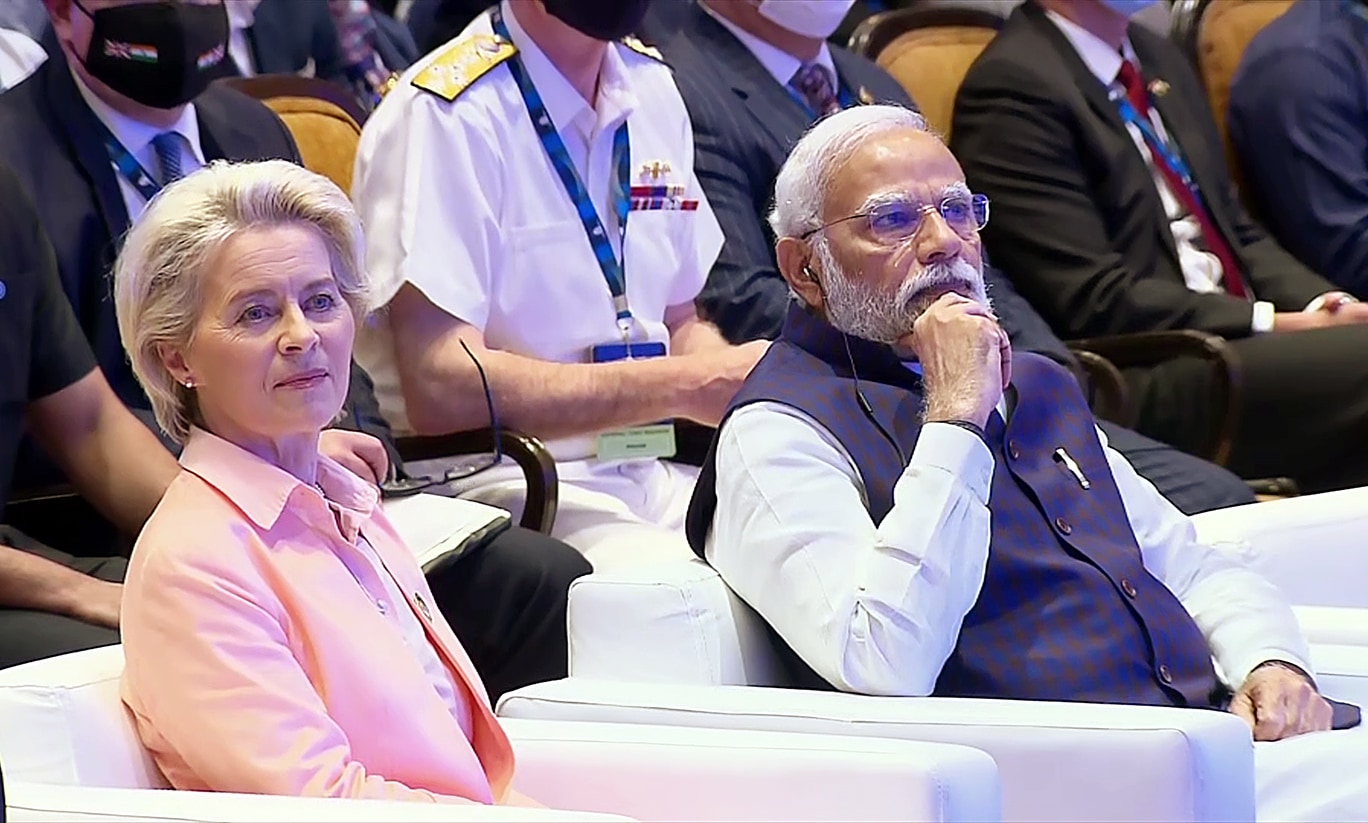 European Commission President Ursula von der Leyen with Prime Minister Narendra Modi at the inaugural session of Raisina Dialogue 2022, in New Delhi on April 25, 2022. (ANI) European Commission President Ursula von der Leyen with Prime Minister Narendra Modi at the inaugural session of Raisina Dialogue 2022, in New Delhi on April 25, 2022. (ANI)
