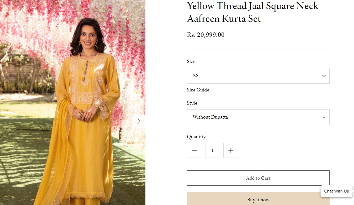 Dia Mirza's yellow kurta set from Misri By Meghna Nayyar&nbsp;(misri.in)