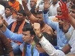 File photo of BJP MP Tejasvi Surya leading a protest against chief minister Arvind Kejriwal’s in New Delhi.(PTI ) File photo of BJP MP Tejasvi Surya leading a protest against chief minister Arvind Kejriwal’s in New Delhi.(PTI )
