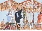 Prime Minister Narendra Modi and Uttar Pradesh chief minister Yogi Adityanath with French President Emmanuel Macron during a boat ride on Ganga river in 2018. (ht file) Prime Minister Narendra Modi and Uttar Pradesh chief minister Yogi Adityanath with French President Emmanuel Macron during a boat ride on Ganga river in 2018. (ht file)
