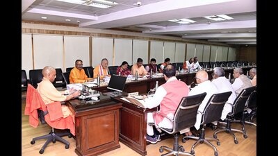CM Yogi Adityanath with deputy CM Brajesh Pathak and others during the cabinet meeting in Lucknow on Tuesday. (AGENCY) CM Yogi Adityanath with deputy CM Brajesh Pathak and others during the cabinet meeting in Lucknow on Tuesday. (AGENCY)