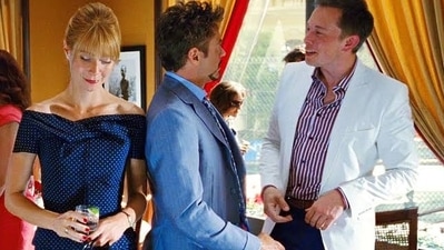 Elon Musk with Robert Downey Jr and Gwyneth Paltrow in a scene from Iron Man 2. Elon Musk with Robert Downey Jr and Gwyneth Paltrow in a scene from Iron Man 2.
