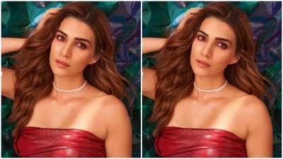 Assisted by makeup artist Aditya Sharma, Kriti decked up in red eyeshadow, red kohl, mascara-laden eyelashes, drawn eyebrows, contoured cheeks and a shade of nude lipstick. (Instagram/@kritisanon)