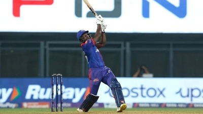 Powell's three sixes were marred by the actions of the DC bench. (BCCI) Powell's three sixes were marred by the actions of the DC bench. (BCCI)