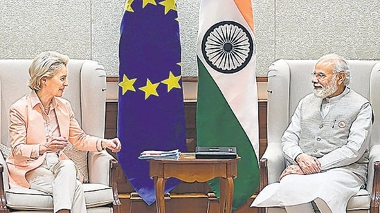Prime Minister Narendra Modi with European Commission President Ursula von der Leyen during a meeting in New Delhi. (AFP) Prime Minister Narendra Modi with European Commission President Ursula von der Leyen during a meeting in New Delhi. (AFP)