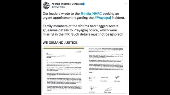 TMC tweeted a letter sent by it to NHRC in Khevrajpur killings issue on Tuesday (HT)