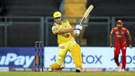 MS Dhoni of the Chennai Superkings plays a shot during the Indian Premier League 2022 cricket match between Punjab Kings and CSK(PTI)
