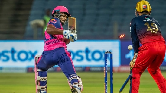 Sanju Samson of Rajasthan Royals is bowled out by Wanindu Hasaranga of Royal Challengers Bangalore(IPL)