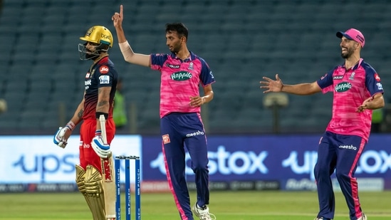 Prasidh Krishna of Rajasthan Royals celebrates the wicket of Virat Kohli of Royal Challengers Bangalore(IPL)