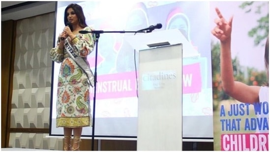 The official page of Miss Universe posted Harnaaz's photos from the event and captioned the post, "Today the menstrual equity coalition announced the installation of a pad machine here in the Philippines. Harnaaz Sandhu met with youth leaders from @planphilippines to share her journey towards ending period poverty where she also learned about their experience as change makers in their society."(Instagram/@harnaazsandhu)