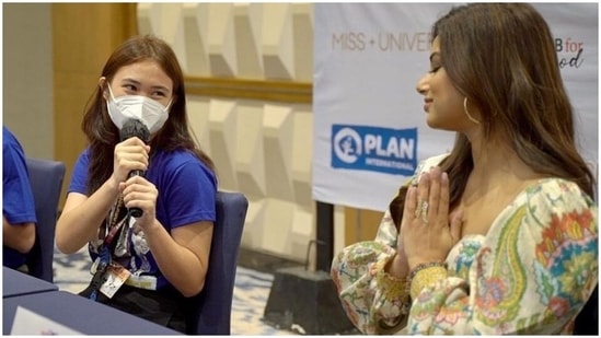 The pictures show Harnaaz posing with the youth leaders from Plan International Philippines, enjoying candid moments, speaking about period poverty at the event, and discussing the same issue with the youth leaders.(Instagram/@harnaazsandhu)