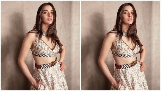 Rakul Preet played muse to fashion designer house JJ Valaya and picked an ivory white silk lehenga for the pictures.(Instagram/@rakulpreet)