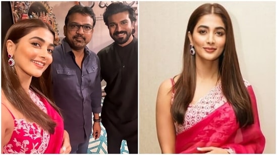 Loved Pooja Hegde's pink silk organza saree and strappy blouse for Acharya promotions? Here's what is costs(Instagram/@hegdepooja_fan)