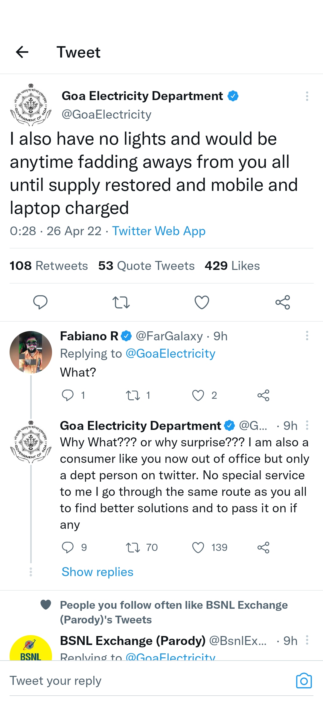 Goa electricity department's candid tweets on power disruptions(Screenshot (@GoaElectricity))