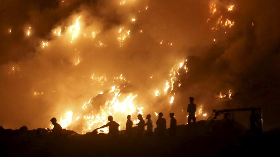 A view of the fire that broke out at the Bhalswa landfill site in north Delhi on Tuesday (PTI) A view of the fire that broke out at the Bhalswa landfill site in north Delhi on Tuesday (PTI)