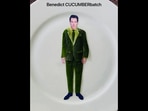 The image shows the artist's artwork involving Benedict Cumberbatch created using cucumber slices.