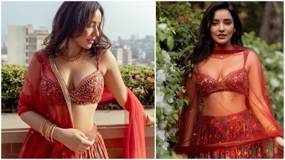 Neha Sharma layed fashion cues to elevate your bridal game in a cherry red floral printed contemporary lehenga set by designer duo Drishti and Zahabia. (Instagram/@nehasharmaofficial)