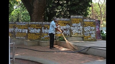 After complaints regarding the lack of maintenance at Balgandharva auditorium, a staff member is seen sweeping the premise on Tuesday. (Ravindra Joshi/HT PHOTO) After complaints regarding the lack of maintenance at Balgandharva auditorium, a staff member is seen sweeping the premise on Tuesday. (Ravindra Joshi/HT PHOTO)