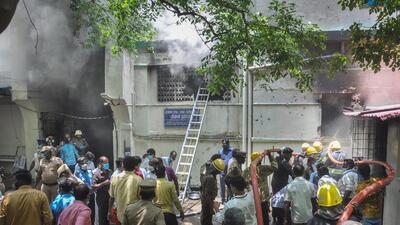 Firefighters try to douse a fire that broke out due to a short circuit at Rajiv Gandhi Government Hospital, in Chennai on Wednesday. (PTI) Firefighters try to douse a fire that broke out due to a short circuit at Rajiv Gandhi Government Hospital, in Chennai on Wednesday. (PTI)