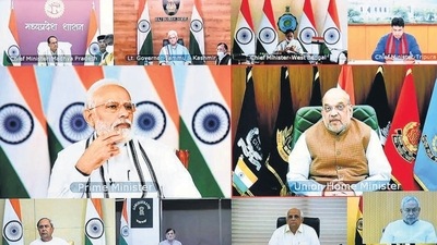 Bihar chief minister Nitish Kumar attends a meeting with Prime Minister Narendra Modi through video conferencing at 1,Anne Marg in Patna, Bihar, India on Wednesday, April 27, 2022: (Photo By Santosh Kumar/Hindustan Times) Bihar chief minister Nitish Kumar attends a meeting with Prime Minister Narendra Modi through video conferencing at 1,Anne Marg in Patna, Bihar, India on Wednesday, April 27, 2022: (Photo By Santosh Kumar/Hindustan Times)