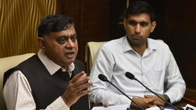 Gurugram, India - April. 27, 2022: Haryana Real Estate Regulatory Authority (HaRERA) chairman K K Khandelwal addresses a press conference to discuss plans for a seminar-cum-workshop-cum-conference (SEWOCON) in Gurugram, India, on Wednesday, April 27, 2022. (Photo by Vipin Kumar/ Hindustan Times) (Vipin Kumar/HT PHOTO)