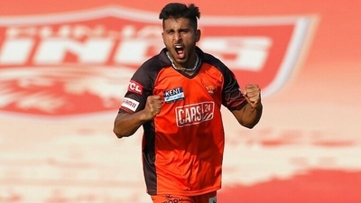 Sunrisers Hyderabad pacer Umran Malik celebrates after picking a wicket (IPL) Sunrisers Hyderabad pacer Umran Malik celebrates after picking a wicket (IPL)
